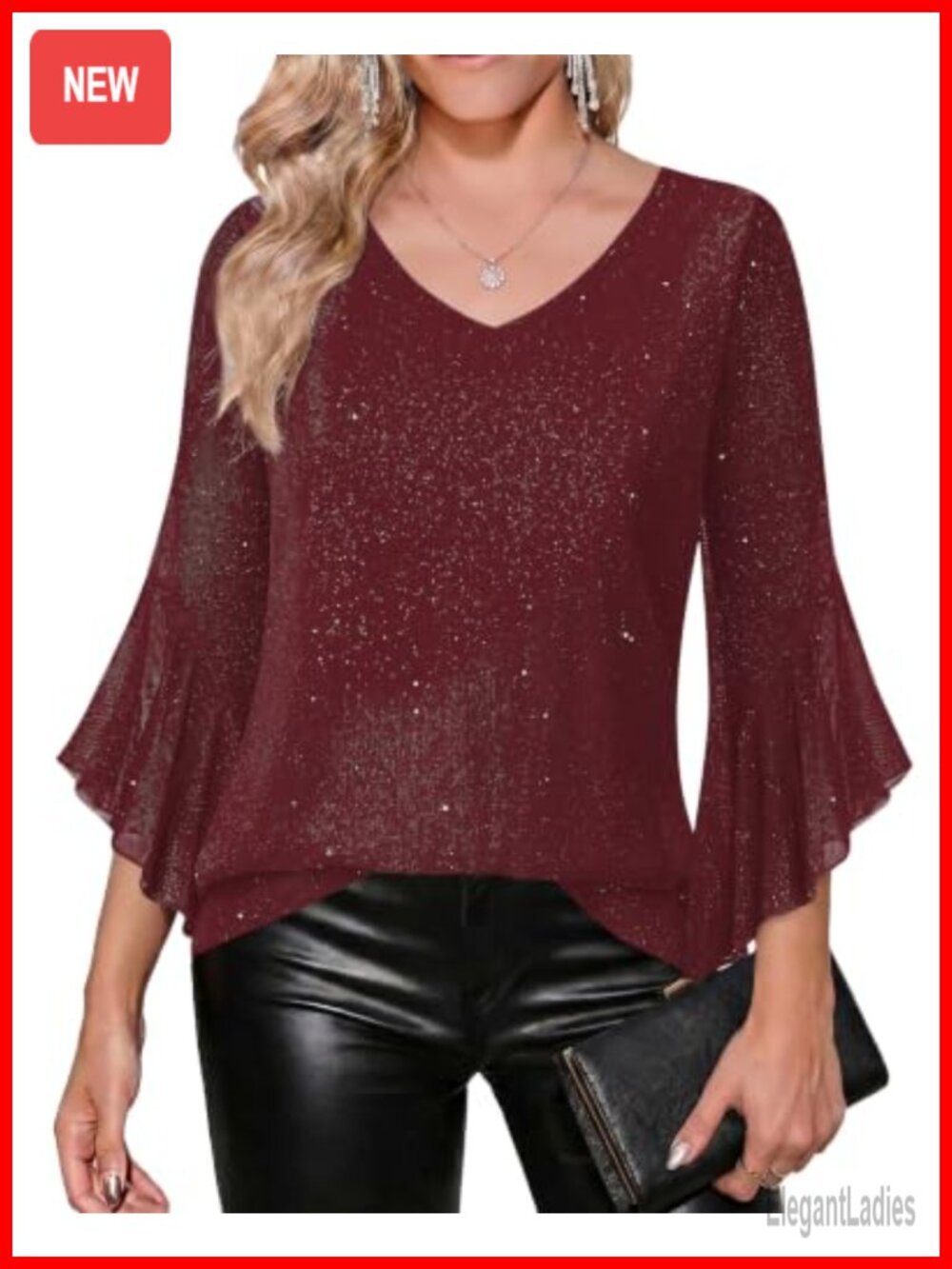 V-Neck Ruffle 3/4 Sleeve Sequined Mesh Tunic